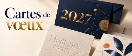Cartes de vœux 2027 en dorure à chaud, gaufrage et vernis sélectif